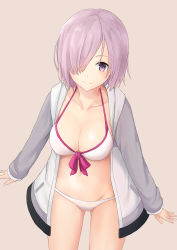 Rule 34 | 1girl, absurdres, adapted costume, bikini, breasts, cardigan, cleavage, collarbone, cowboy shot, fate/grand order, fate (series), grey background, grey sweater, groin, hair over one eye, highres, hosh, looking at viewer, mash kyrielight, mash kyrielight (swimsuit of perpetual summer), medium breasts, navel, official alternate costume, open cardigan, open clothes, pink hair, purple eyes, short hair, simple background, smile, solo, standing, sweater, swimsuit, white bikini