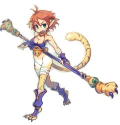 Rule 34 | 1girl, animal ears, breasts, breath of fire, breath of fire ii, bustier, cat ears, cat tail, cleavage, facial mark, fingerless gloves, full body, gloves, green eyes, looking at viewer, medium breasts, monster girl, open mouth, pointy ears, red hair, rinpoo chuan, short hair, simple background, smile, solo, staff, tail, tonnyoriclayer, white background