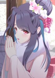 Rule 34 | 1girl, architecture, black hair, blue archive, blurry, blush, commentary request, demon girl, demon horns, depth of field, east asian architecture, flower, fur scarf, fuuka (blue archive), fuuka (new year) (blue archive), hair between eyes, hair bun, hair flower, hair ornament, halo, highres, horns, japanese clothes, kimono, long hair, long sleeves, looking at viewer, new year, obi, official alternate costume, outdoors, own hands together, parted lips, praying, red eyes, sash, shrine, sidelocks, single hair bun, smile, solo, syimo, wide sleeves