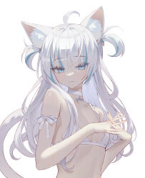 Rule 34 | 1girl, :3, absurdres, ahoge, animal ears, blue eyes, blue hair, blunt bangs, blush, bra, breasts, cat ears, cat tail, choker, gawr gura, grey hair, hair ornament, highres, hololive, hololive english, long hair, looking at viewer, multicolored hair, ribbon, seizou hidzuke, small breasts, solo, streaked hair, tail, two side up, underwear, upper body, virtual youtuber, white background, white bra
