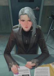Rule 34 | black jacket, black shirt, camera, chair, closed mouth, commentary, door, doorknob, earrings, english commentary, folder, hair ornament, hairpin, indoors, jacket, jewelry, long hair, long sleeves, looking at viewer, necklace, niijima sae, paper, paperclip, persona, persona 5, red eyes, shirt, silver hair, table, yagaminoue