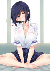 Rule 34 | 1girl, bad id, bad pixiv id, bare legs, barefoot, between legs, blue hair, blue skirt, breast pocket, breasts, cleavage, closed mouth, collarbone, collared shirt, commentary request, day, dress shirt, feet, hand between legs, highres, indian style, indoors, itou ayachi, large breasts, looking at viewer, mole, mole under eye, nail polish, nijisanji, no shoes, partially unbuttoned, pink nails, plaid, plaid skirt, pleated skirt, pocket, school uniform, shirt, shizuka rin, short hair, short sleeves, sitting, skirt, smile, solo, summer uniform, toenail polish, toenails, toes, virtual youtuber, white shirt, yellow eyes