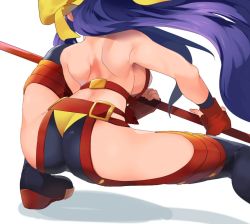 Rule 34 | 1girl, armpits, ass, back, backless outfit, bare arms, bare shoulders, blazblue, blazblue: central fiction, blazblue variable heart, blue hair, boots, breasts, chaps, fingerless gloves, from behind, genderswap, genderswap (mtf), hair ribbon, high heel boots, hip vent, holding, holding weapon, jerun, large breasts, long hair, lowleg, mai natsume, polearm, revealing clothes, sideboob, squatting, thighs, very long hair, weapon