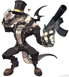 Rule 34 | 1boy, beard, character request, cigar, commentary request, crocodile, crocodile boy, crocodilian, facial hair, full beard, furry, furry male, glasses, gloves, gun, hat, hat tip, heart, highres, holding, holding gun, holding weapon, large hands, monato esprit, no humans, official art, original, photoshop (medium), reptile boy, solo, tail, top hat, weapon, yi lee