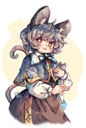 Rule 34 | 1girl, ahoge, animal, animal ears, artist name, black dress, blue capelet, blush, capelet, dress, grey hair, highres, jewelry, long sleeves, mame komari, mouse (animal), mouse ears, mouse tail, nazrin, open mouth, pendant, red eyes, shirt, short hair, signature, smile, solo, tail, touhou, twitter username, white shirt