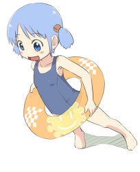 Rule 34 | 1girl, :d, aqua eyes, aqua hair, armpits, barefoot, blue eyes, blue hair, blue one-piece swimsuit, blush, dutch angle, feet, flat chest, from above, full body, hair ornament, happy, holding, inflatable toy, innertube, legs apart, looking to the side, matching hair/eyes, naganohara mio, nichijou, no nose, one-piece swimsuit, open mouth, parted bangs, school swimsuit, shadow, short hair, short twintails, sidelocks, simple background, smile, smiley face, solo, standing, swim ring, swimsuit, toes, tomboo, transparent, twintails, white background