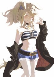 Rule 34 | 1girl, afterimage, alternate hairstyle, animal ears, bandeau, bare shoulders, black choker, black jacket, blonde hair, blue ribbon, breasts, choker, closed eyes, commentary request, cutoffs, denim, denim shorts, fanning self, feet out of frame, gold city (umamusume), hair ribbon, hand up, highres, horse ears, jacket, long sleeves, medium hair, midriff, navel, off shoulder, ponytail, ribbon, short shorts, shorts, simple background, small breasts, solo, standing, stomach, strapless, striped bandeau, tube top, umamusume, white background, yoshiaki (yosiaki ml)