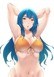 Rule 34 | 1girl, armpits, arms behind head, arms up, bikini, bikini top only, blue hair, breasts, cleavage, huge breasts, long hair, looking at viewer, md5 mismatch, navel, open mouth, orange bikini, red eyes, solo, sugarbeat, swimsuit, upper body, white background