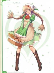 Rule 34 | 10s, 1girl, apron, basket, blonde hair, boots, braid, bread, brown eyes, dress, food, full body, hair ornament, highres, knee boots, legs, long hair, long legs, looking at viewer, manaflare amil, open mouth, shining (series), shining hearts, simple background, smile, solo, tony taka, twin braids, twintails