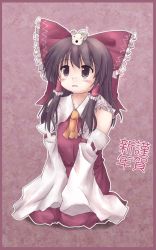 Rule 34 | 1girl, ascot, bow, brown background, brown eyes, brown hair, collar, detached sleeves, dress, female focus, frills, full body, hair bow, hakurei reimu, highres, long sleeves, looking up, lzh, nontraditional miko, on head, red bow, red dress, seiza, sidelocks, simple background, sitting, solo, touhou