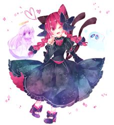 Rule 34 | 2girls, :d, animal ears, black bow, black footwear, blush, bow, bowtie, braid, cat ears, cat tail, commentary, dress, fang, footwear bow, frilled dress, frilled sleeves, frills, full body, green dress, hair between eyes, hair bow, halo, hand up, heart, high heels, hitodama, juliet sleeves, kaenbyou rin, long hair, long sleeves, looking at viewer, multiple girls, multiple tails, nekomata, one-hour drawing challenge, one eye closed, open mouth, puffy sleeves, purple bow, purple bowtie, purple eyes, purple hair, ratto (mobilis 1870), red bow, red bowtie, red eyes, red hair, simple background, smile, solo, sparkle, tail, tongue, touhou, twin braids, two tails, white background, white dress, zombie fairy (touhou)
