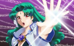Rule 34 | 1990s (style), 1girl, :o, aqua hair, armpits, bare shoulders, blush, breasts, brooch, capelet, cleavage, corrector anty, corrector yui, facial mark, forehead mark, fuzuki hajime, glowing, jewelry, long hair, looking at viewer, outstretched arm, parted bangs, red eyes, retro artstyle, solo, sparkle, upper body