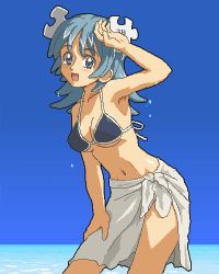 Rule 34 | 1girl, armpits, bikini, blue eyes, blue hair, blue sky, blush, breasts, cleavage, day, hand on thigh, jaggy lines, jigsaw puzzle, kasuga (kasuga39), leaning forward, looking at viewer, lowres, matching hair/eyes, medium breasts, navel, ocean, oekaki, open mouth, os-tan, pixel art, puzzle, sarong, sky, smile, solo, swimsuit, underboob, water, wet, wikipe-tan, wikipedia