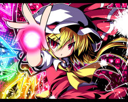 Rule 34 | 1girl, ascot, ayakashi (monkeypanch), blonde hair, cowboy shot, dress, expressionless, female focus, flandre scarlet, glowing, hair between eyes, hat, letterboxed, looking at viewer, mob cap, orb, puffy short sleeves, puffy sleeves, red dress, red eyes, short sleeves, solo, touhou