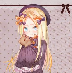 Rule 34 | 1girl, abigail williams (fate), bad id, bad pixiv id, black bow, black dress, black hat, blonde hair, blue eyes, blush, bow, breasts, canary999, closed mouth, dress, fate/grand order, fate (series), forehead, hair bow, hat, highres, holding, holding stuffed toy, long hair, looking at viewer, multiple hair bows, orange bow, parted bangs, polka dot, polka dot background, polka dot bow, ribbed dress, sleeves past fingers, sleeves past wrists, small breasts, smile, stuffed animal, stuffed toy, teddy bear