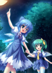 Rule 34 | 2girls, blue dress, blue eyes, blue hair, blush, bow, breasts, cirno, daiyousei, dress, fairy, forest, full moon, green eyes, green hair, hair bow, hair ribbon, holding hands, highres, moon, multiple girls, nature, night, open mouth, pointing, ribbon, side ponytail, small breasts, takeponi, thighhighs, touhou, tree, white legwear, wings, zettai ryouiki