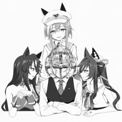 Rule 34 | 1boy, 3girls, animal ears, breasts, cheval grand (umamusume), commentary, crossed arms, from behind, hair between eyes, hair ornament, hat, highres, horse ears, horse girl, long hair, looking at another, medium breasts, mimimimitsuha, mole, mole under eye, monochrome, motion blur, multiple girls, own hands together, the weaker sex 1 (gibson), trainer (umamusume), twintails, umamusume, v sisters, verxina (umamusume), vivlos (umamusume), white background