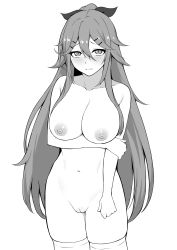 Rule 34 | 1girl, absurdres, blush, breasts, cleavage, cleft of venus, closed mouth, commentary request, cowboy shot, greyscale, hair between eyes, hair flaps, hair ornament, hair ribbon, hairclip, highres, kantai collection, large breasts, long hair, looking at viewer, monochrome, navel, nipples, nude, ponytail, pussy, ribbon, simple background, skindentation, solo, takaman (gaffe), thighhighs, uncensored, very long hair, yamakaze (kancolle)