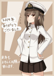 Rule 34 | 10s, 1girl, 2014, blunt bangs, brown eyes, brown hair, brown skirt, female admiral (kancolle), hair bobbles, hair ornament, hands on own hips, hat, highres, kantai collection, long hair, looking at viewer, military, military hat, military uniform, naval uniform, peaked cap, pleated skirt, skirt, smile, solo, uniform, yakob labo
