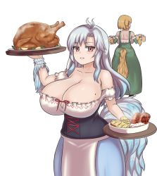 Rule 34 | 2girls, bare shoulders, blonde hair, blue hair, breasts, brown eyes, chicken (food), collarbone, commentary, commission, food, highres, holding, holding tray, huge breasts, kikimora (monster girl encyclopedia), long hair, mole, mole on breast, monster girl encyclopedia, multiple girls, nav (itsnav), simple background, solo focus, steam, tail, tray, white background