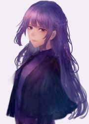 Rule 34 | 1girl, black jacket, closed mouth, commentary, dress, from side, grey background, jacket, long hair, looking at viewer, looking to the side, original, pink lips, purple dress, purple eyes, purple hair, sakimori (hououbds), simple background, smile, solo, upper body