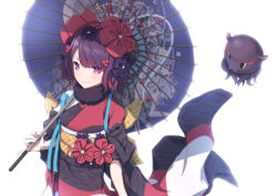 Rule 34 | 1girl, :3, arm at side, asymmetrical bangs, backlighting, black eyes, blue ribbon, blush, closed mouth, commentary request, cowboy shot, fate/grand order, fate (series), floating, floral print, flower, fur collar, hair bobbles, hair flower, hair ornament, holding, holding umbrella, japanese clothes, katsushika hokusai (fate), kimono, long sleeves, obi, octopus, oil-paper umbrella, purple eyes, purple hair, ribbon, sahara386, sash, short hair, simple background, smile, solo, tasuki, tokitarou (fate), umbrella, white background, wide sleeves