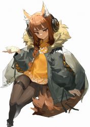 Rule 34 | 1girl, animal ear fluff, animal ears, arknights, behind-the-head headphones, black coat, braid, brown eyes, brown hair, brown pantyhose, coat, dadijiji, fur-trimmed coat, fur trim, headphones, highres, huris (arknights), invisible chair, jewelry, large tail, long sleeves, looking at viewer, necklace, open clothes, open coat, orange shirt, pantyhose, parted lips, ratatos browntail (arknights), shirt, side braid, simple background, sitting, smile, solo, tail, thigh strap, white background