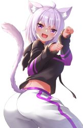 Rule 34 | 1girl, :3, :d, ahoge, ako suke, animal ear fluff, animal ears, ass, cat ears, cat girl, cat tail, cowboy shot, fang, from behind, highres, hololive, hood, hood down, hoodie, long sleeves, looking at viewer, looking back, nekomata okayu, nekomata okayu (1st costume), open mouth, pants, paw pose, purple eyes, purple hair, short hair, simple background, smile, solo, tail, virtual youtuber, white background