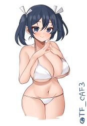 Rule 34 | 1girl, absurdres, bare shoulders, bikini, blue eyes, blue hair, blush, breasts, cleavage, collarbone, cropped legs, hair ribbon, highres, kantai collection, large breasts, long hair, looking at viewer, navel, ribbon, short hair, simple background, smile, solo, souryuu (kancolle), swimsuit, tf cafe, twintails, twitter username, white background, white bikini, white ribbon