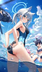 Rule 34 | 5girls, adjusting clothes, adjusting swimsuit, ahoge, aircraft, animal ear fluff, animal ears, ass, ayane (blue archive), bikini, bikini skirt, black bikini, black one-piece swimsuit, blue-tinted eyewear, blue archive, blue eyes, blue halo, blue ribbon, blue sky, breasts, cat ears, closed eyes, cloud, commentary request, competition swimsuit, cross, cross hair ornament, cumulonimbus cloud, day, earrings, extra ears, eyewear on head, fang, foreclosure task force (blue archive), frilled bikini, frills, grey hair, hair ornament, hair ribbon, halo, hat, helicopter, highres, hoshino (blue archive), hoshino (swimsuit) (blue archive), inflatable toy, inflatable whale, inverted cross, jewelry, light blush, light brown hair, light rays, long hair, looking at viewer, looking back, low ponytail, medium breasts, mismatched pupils, multicolored clothes, multicolored swimsuit, multiple girls, navel, nonomi (blue archive), nonomi (swimsuit) (blue archive), off-shoulder bikini, off shoulder, official alternate costume, one-piece swimsuit, open mouth, outdoors, parted lips, partial commentary, partially submerged, pink hair, red eyes, ribbon, sandals, serika (blue archive), serika (swimsuit) (blue archive), shiroko (blue archive), shiroko (swimsuit) (blue archive), sky, smile, solo focus, stomach, stud earrings, sun hat, sunbeam, sunglasses, sunlight, swimsuit, tinted eyewear, tsuuhan, twintails, two-tone swimsuit, water, water drop, white bikini, wolf ears, yellow bikini
