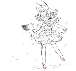 Rule 34 | 10s, 1girl, animal ears, ballerina, ballet, bare shoulders, blush, bow, bowtie, buttons, colored skin, cross-laced clothes, dancing, elbow gloves, embellished costume, eyelashes, closed eyes, facing away, frills, full body, gloves, holding, holding clothes, holding skirt, kemono friends, leg up, no nose, outdoors, outstretched arm, petals, puddle, serval (kemono friends), serval print, serval tail, short hair, simple background, skirt, sleeveless, smile, solo, spot color, standing, standing on one leg, striped tail, sumachii, tail, thighhighs, underbust, water, white background, white skin, wind, zettai ryouiki