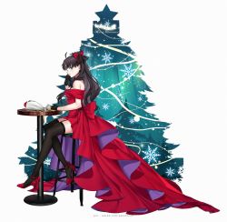 Rule 34 | 1girl, bare shoulders, black hair, blue eyes, breasts, christmas tree, dress, fate/stay night, fate (series), long hair, looking at viewer, medium breasts, red dress, solo, tohsaka rin, two side up, yaoshi jun