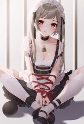 Rule 34 | 1girl, ankle cuffs, ankle strap, apron, ball and chain restraint, bars, bdsm, belt, black footwear, blush, bondage, bound, breasts, choker, cleavage, collar, collarbone, feet together, grey hair, highres, kinako (shiratama mochi), kneehighs, knees apart feet together, lace trim, lock, maid, maid apron, maid headdress, mary janes, medium breasts, nail polish, original, red eyes, red ribbon, ribbon, shadow, shoes, signature, sitting, sleeveless, socks, solo, twintails