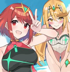 Rule 34 | 2girls, absurdres, beach, black one-piece swimsuit, blonde hair, chest jewel, happy, highres, multiple girls, mythra (radiant beach) (xenoblade), mythra (xenoblade), non-web source, one-piece swimsuit, ootaquill, pyra (pro swimmer) (xenoblade), pyra (xenoblade), red hair, self-upload, swimsuit, white one-piece swimsuit, xenoblade chronicles (series), xenoblade chronicles 2