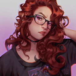 Rule 34 | 1girl, black choker, black eyes, black footwear, choker, chromatic aberration, commentary, english commentary, eyeshadow, glasses, hand in own hair, head tilt, highres, ithilnaur, makeup, making-of available, portrait, procreate (medium), purple eyeshadow, real life, red hair, self-portrait, shirt, solo, t-shirt