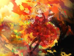 Rule 34 | 1girl, aki shizuha, arms at sides, art brush, autumn, autumn leaves, blonde hair, closed mouth, collar, collared dress, colorful, commentary request, dress, frilled collar, frilled sleeves, frills, full body, hair ornament, hands up, highres, holding, holding paintbrush, leaf, leaf hair ornament, leaf on head, loafers, long sleeves, maple leaf, outstretched hand, paint, paintbrush, palette (object), pantyhose, red dress, shoes, short hair, solo, touhou, uwazumi, yellow eyes