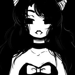 Rule 34 | 1girl, alice (bendy and the ink machine), bare shoulders, bendy and the ink machine, black hair, black lips, choker, horns, lipstick, long hair, solo