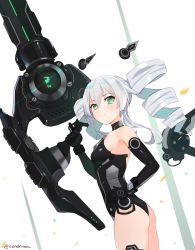 Rule 34 | 1girl, artist name, ass, black sister, breasts, drill hair, elbow gloves, flat ass, from side, gloves, green eyes, grey hair, hand on own hip, highres, holding, holding weapon, long hair, looking at viewer, neptune (series), sendo (sendrawz), small breasts, smile, solo, symbol-shaped pupils, thighhighs, trigger discipline, twin drills, weapon