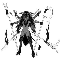 Rule 34 | 1girl, antaria, areola slip, axe, battle axe, bident, chi you, chinese mythology, dated, demon girl, extra arms, full body, genderswap, genderswap (mtf), greyscale, halberd, high heels, hooves, horns, long hair, monochrome, navel, polearm, shoes, signature, simple background, solo, spear, spot color, tail, weapon, white background, yellow eyes