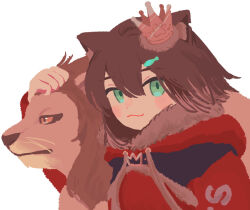 Rule 34 | 1girl, :3, animal ears, blush stickers, brown hair, cat ears, cat girl, closed mouth, colored tips, commentary, crown, drawstring, english commentary, fish hair ornament, fumino tamaki, fumino tamaki (4th costume), hair ornament, hand on animal, hood, hood down, hoodie, lion, long sleeves, looking at viewer, looking to the side, medium hair, mini crown, multicolored hair, nichi (83nichi), nijisanji, notched ear, red hoodie, simple background, smile, solo, upper body, virtual youtuber, white background