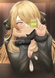 Rule 34 | 1girl, akano yomi, black coat, blonde hair, blush, breasts, cleavage, closed mouth, coat, commentary, commission, creatures (company), cynthia (pokemon), eyelashes, fur-trimmed coat, fur collar, fur trim, game freak, grey eyes, hair ornament, hair over one eye, hands up, head rest, highres, holding, long hair, long sleeves, nail polish, nintendo, pink nails, pokemon, pokemon dppt, potion (pokemon), smile, solo