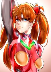 Rule 34 | 1girl, absurdres, arm up, blue eyes, bodysuit, bravoida, breasts, brown hair, highres, interface headset, long hair, looking at viewer, medium breasts, neon genesis evangelion, pilot suit, plugsuit, red bodysuit, shiny clothes, simple background, solo, souryuu asuka langley, two side up, very long hair