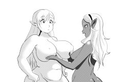 Rule 34 | 2girls, grabbing another&#039;s breast, breasts, chadgarciaburg, elf-san wa yaserarenai., elfuda (elf-san wa yaserarenai.), grabbing, greyscale, hands on own hips, kuroeda (elf-san wa yaserarenai.), large breasts, looking at another, monochrome, multiple girls, nipples, out-of-frame censoring, plump, pointy ears, self-upload, tagme