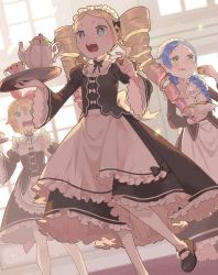 Rule 34 | 3girls, apron, beatrice (re:zero), blonde hair, blue eyes, blue hair, butterfly-shaped pupils, commentary request, cup, dress, drill hair, eating, eyelashes, food, food on face, frills, from below, green eyes, highres, holding, long hair, long sleeves, maid, maid headdress, meili portroute, multiple girls, open mouth, orange hair, pantyhose, parupin, petra leyte, re:zero kara hajimeru isekai seikatsu, shoes, sweatdrop, symbol-shaped pupils, teacup, teapot, teeth, tongue, tray, twin drills, upper teeth only, v-shaped eyebrows, waist apron, white legwear