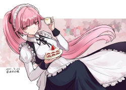 Rule 34 | 1girl, apron, breasts, cake, cake slice, cup, dress, expressionless, food, frills, girls&#039; frontline, hair flaps, highres, long dress, long hair, long sleeves, maid, maid apron, maid headdress, medium breasts, ntw-20 (girls&#039; frontline), ntw-20 (the aristocrat experience) (girls&#039; frontline), official alternate costume, pink eyes, pink hair, ponytail, puffy long sleeves, puffy sleeves, sakatakin, solo, teacup, very long hair