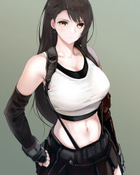 Rule 34 | 1girl, bare shoulders, belt, black gloves, black hair, black skirt, breasts, brown eyes, cleavage, closed mouth, collarbone, commentary request, earrings, elbow gloves, fed (giba), final fantasy, final fantasy vii, fingerless gloves, gloves, gradient background, hand on own hip, highres, jewelry, large breasts, long hair, looking at viewer, midriff, miniskirt, navel, pleated skirt, shirt, skirt, sleeveless, sleeveless shirt, solo, suspenders, tank top, tifa lockhart, upper body, white shirt