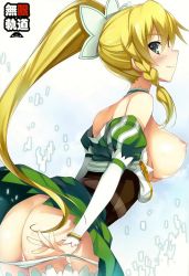 Rule 34 | 10s, 1girl, ass, bare shoulders, blonde hair, breasts, choker, cum, cum on ass, green eyes, highres, large breasts, leafa, nipples, panties, panty pull, ponytail, scan, smile, solo, sword art online, thighhighs, tomose shunsaku, underwear, white panties, white thighhighs