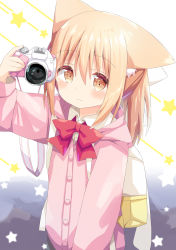 Rule 34 | 1girl, absurdres, animal ear fluff, animal ears, arm up, backpack, bag, blush, bow, brown eyes, camera, closed mouth, collared shirt, commentary request, dress shirt, hair between eyes, hair bow, highres, holding, holding camera, hood, hood down, hooded jacket, jacket, light brown hair, looking at viewer, miike-chan, nakkar, original, pink jacket, red bow, shirt, smile, solo, star (symbol), upper body, white bow, white shirt