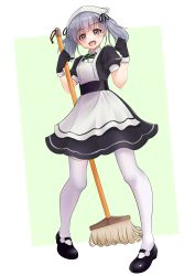 Rule 34 | 1girl, absurdres, alternate costume, apron, black dress, black footwear, black gloves, dress, enmaided, frilled apron, frills, full body, gloves, grey eyes, highres, kantai collection, maid, maid apron, maid headdress, makura (y makura), ooshio (kancolle), pantyhose, puffy short sleeves, puffy sleeves, short dress, short sleeves, short twintails, silver hair, solo, standing, twintails, waist apron, white apron, white pantyhose