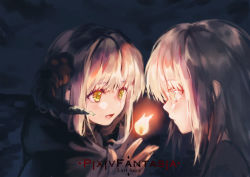 Rule 34 | 2girls, blonde hair, cloak, dark background, face, fire, horns, long hair, looking at another, multiple girls, obiwan, open mouth, pixiv fantasia, pixiv fantasia last saga, yellow eyes
